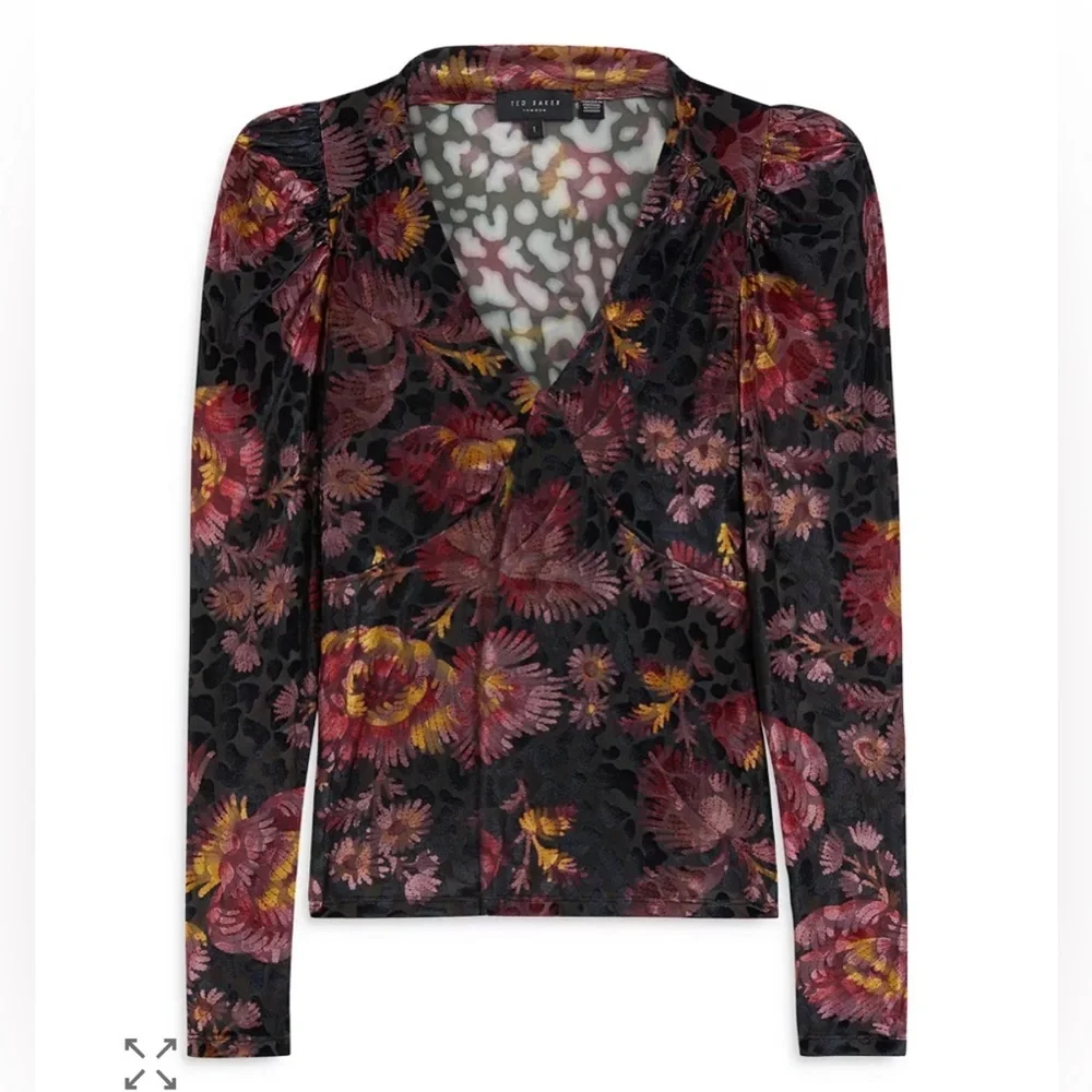 Ted Baker London Ettya Plunge Neck Puff Sleeve Burnout Velvet Top Maximalist
